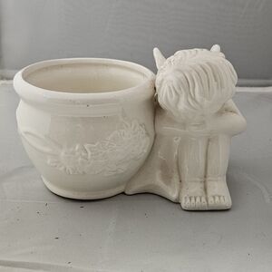 White Ceramic Planter with Angel Design